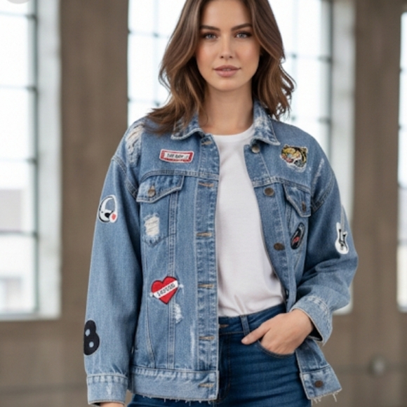 Hand Crafted Jackets & Blazers - Hand Crafted Upcycled Rock Music Jean Jacket Vintage Embordery Patchwork Size S